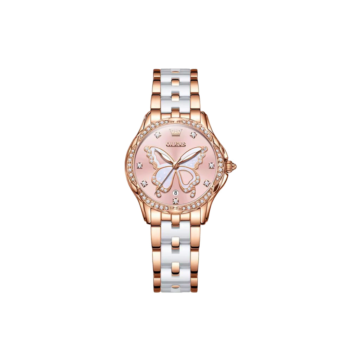 Rose gold and silver watch with butterfly design on a white background