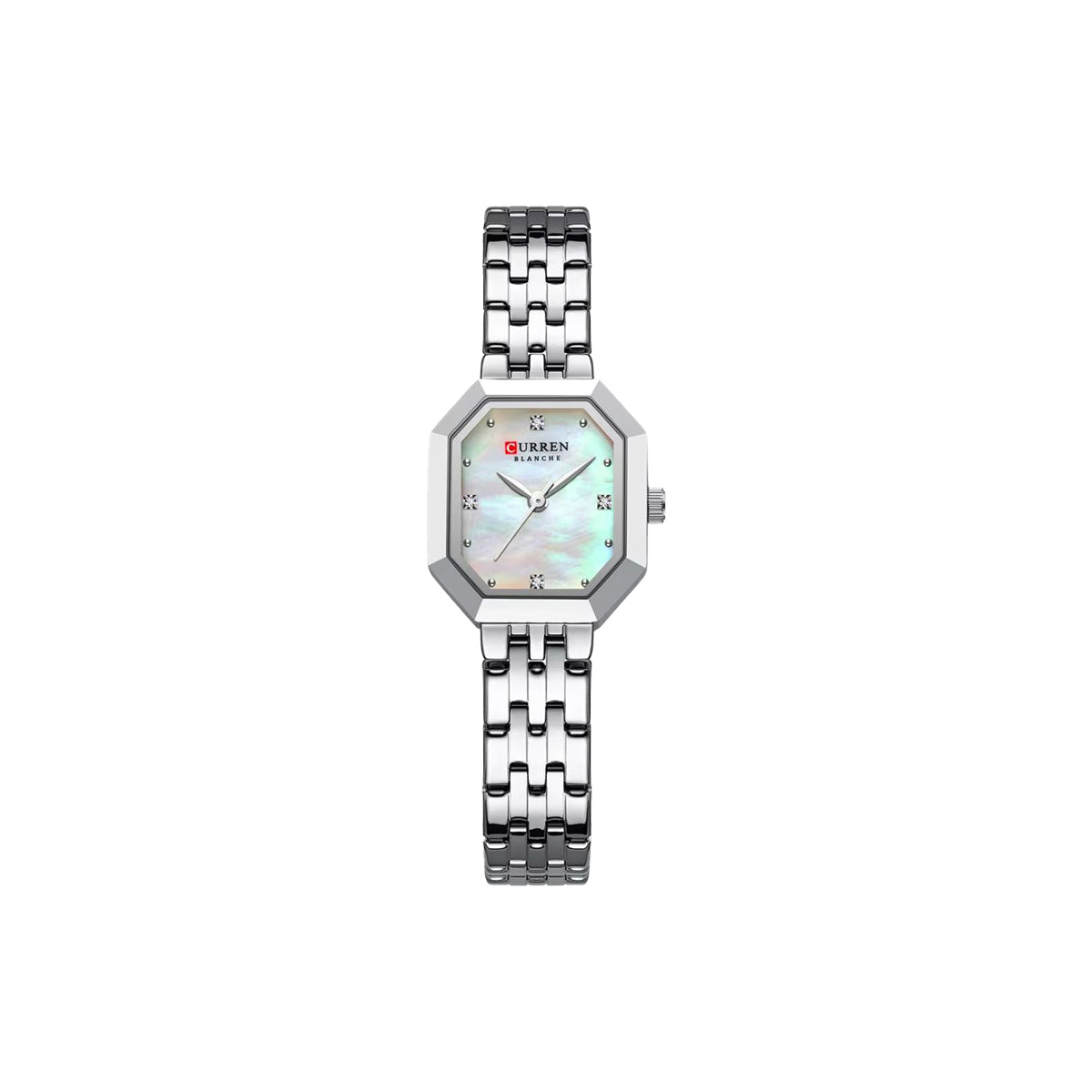 Silver watch with a white face on a white background