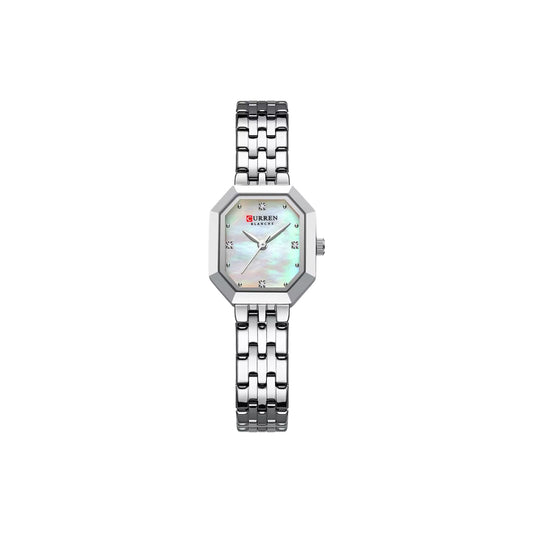Silver watch with a white face on a white background