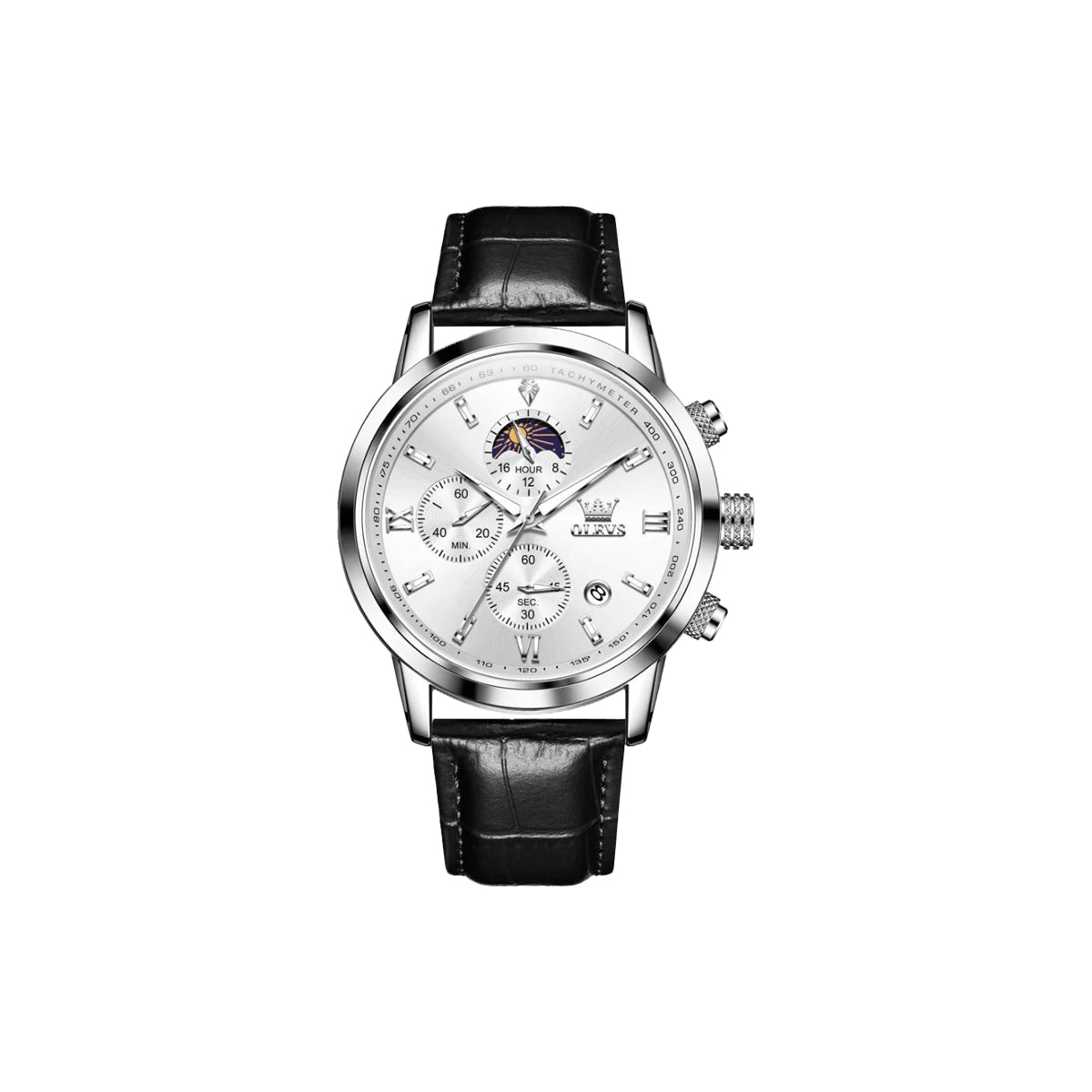 Luxury watch with a black leather strap and white face on a white background
