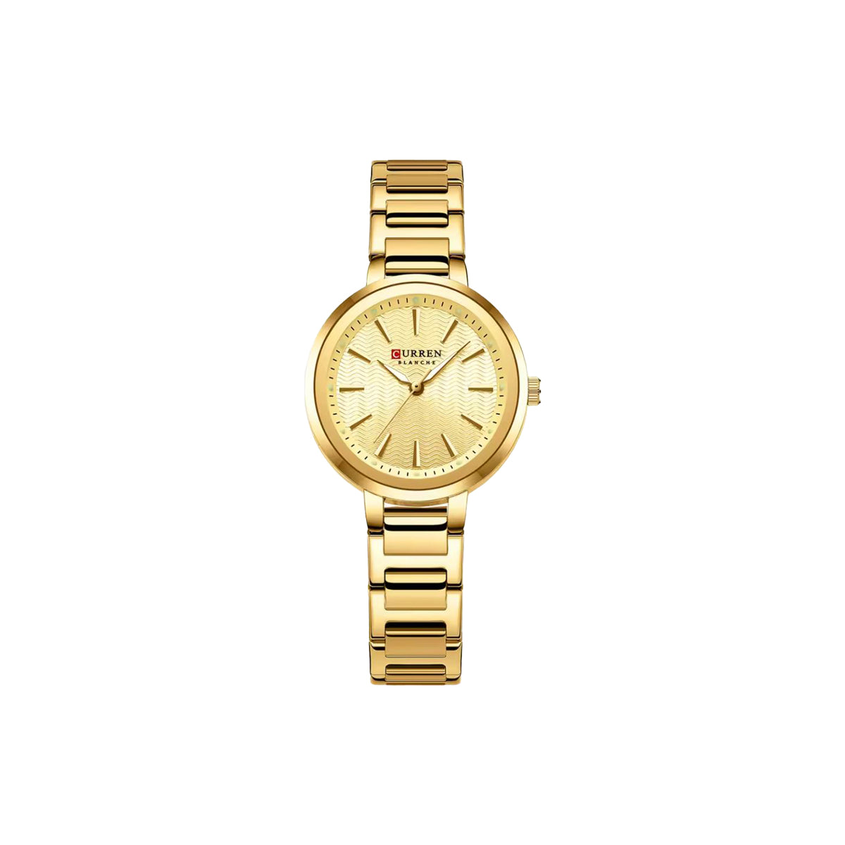 Gold watch with a white background