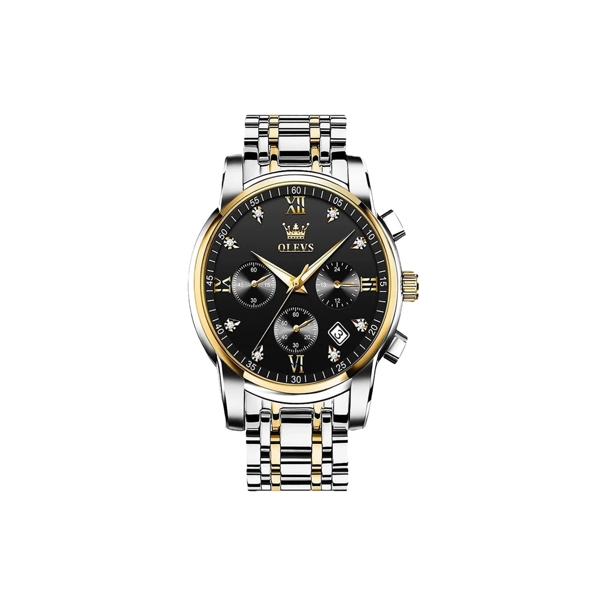 OLEVS 2858 Chronograph Men's Watch Two Tone Black Dial – Waterproof Luminous Quartz Stainless Steel Luxury Wristwatch