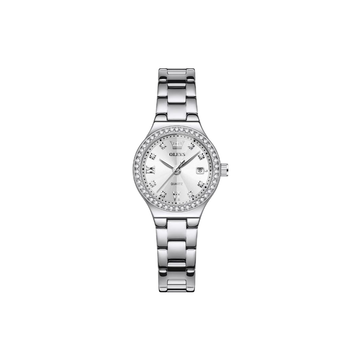 Silver watch with a white face on a white background