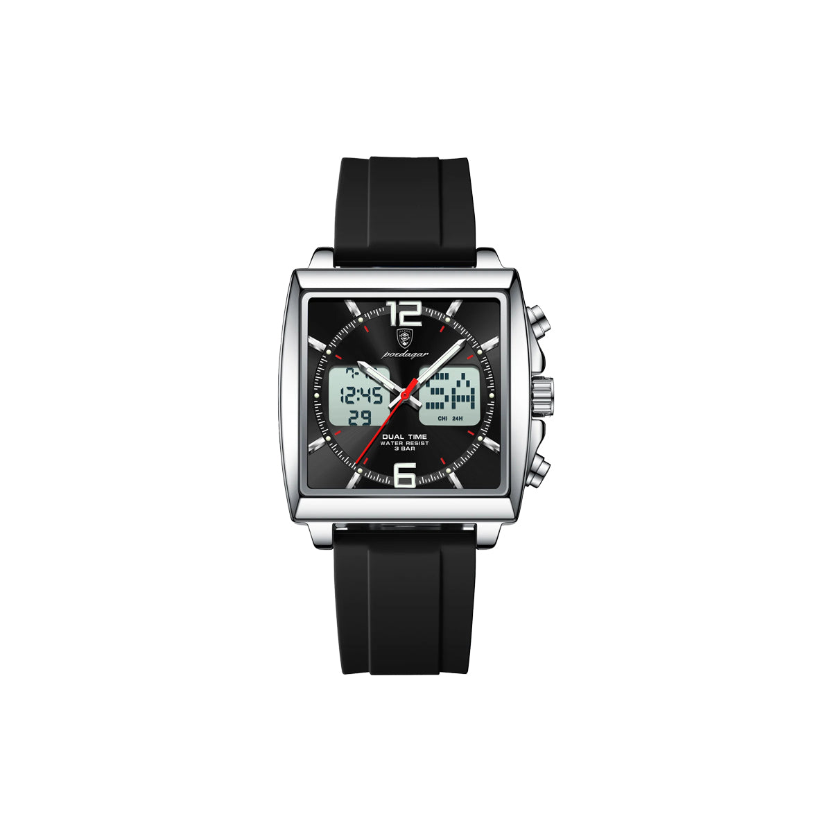 Wristwatch with black strap and dual display on a white background