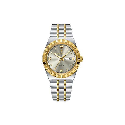 Two-tone silver and gold watch on a white background
