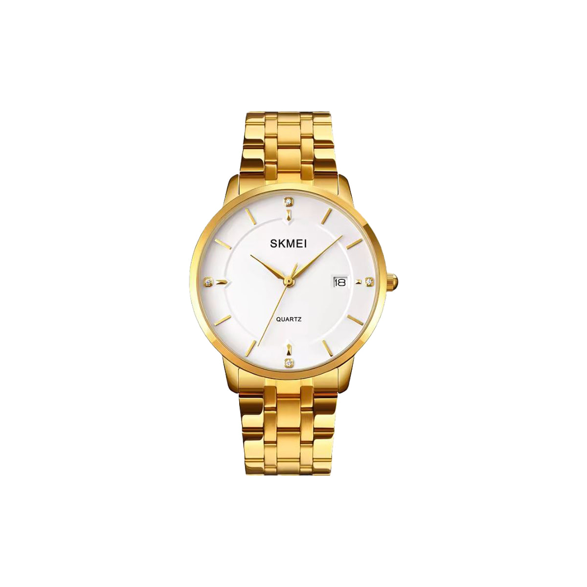 Gold wristwatch with white dial on a white background