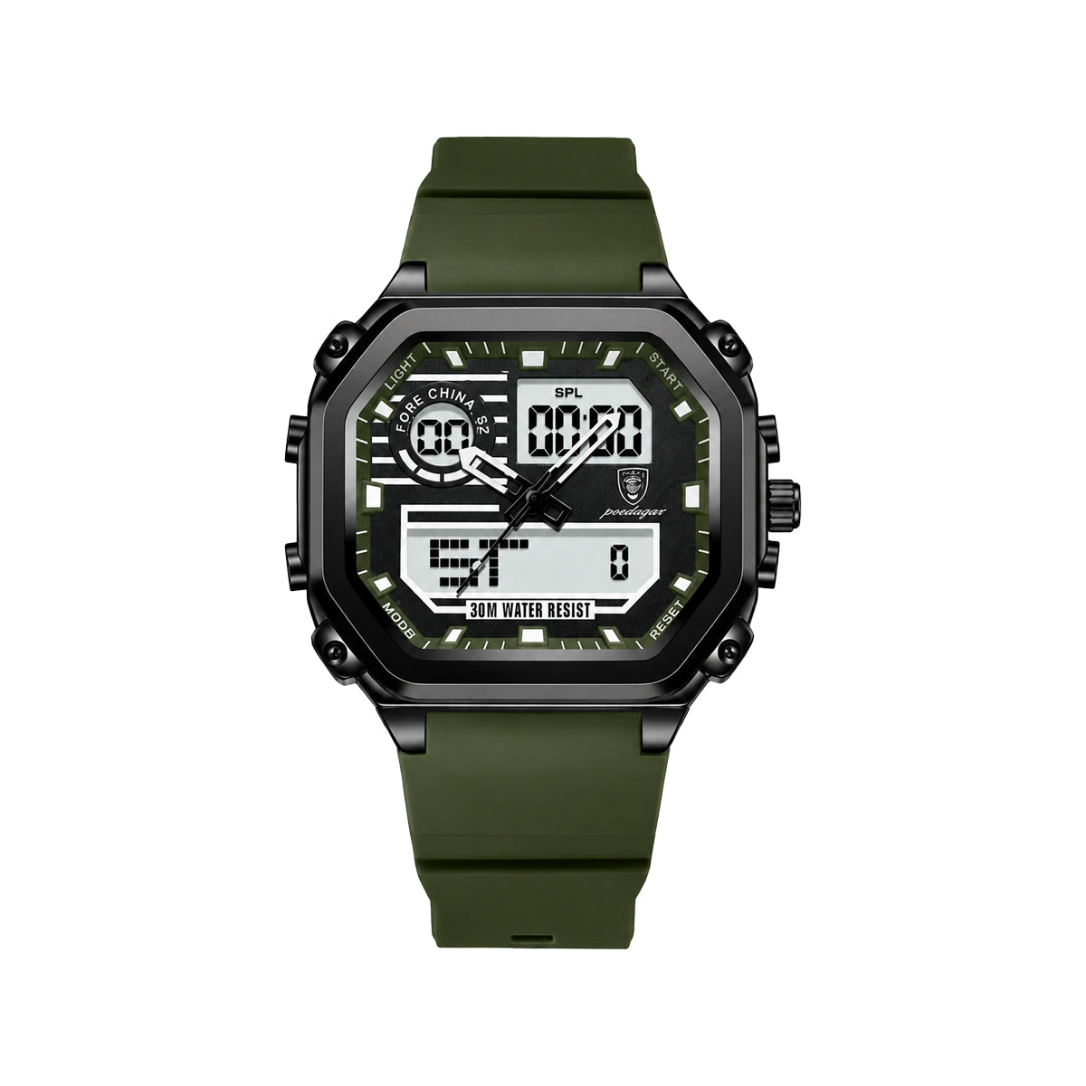 POEDAGAR 993 Men’s Sports LED Watch Green– Waterproof Luminous Week Date Silicone Wristwatch