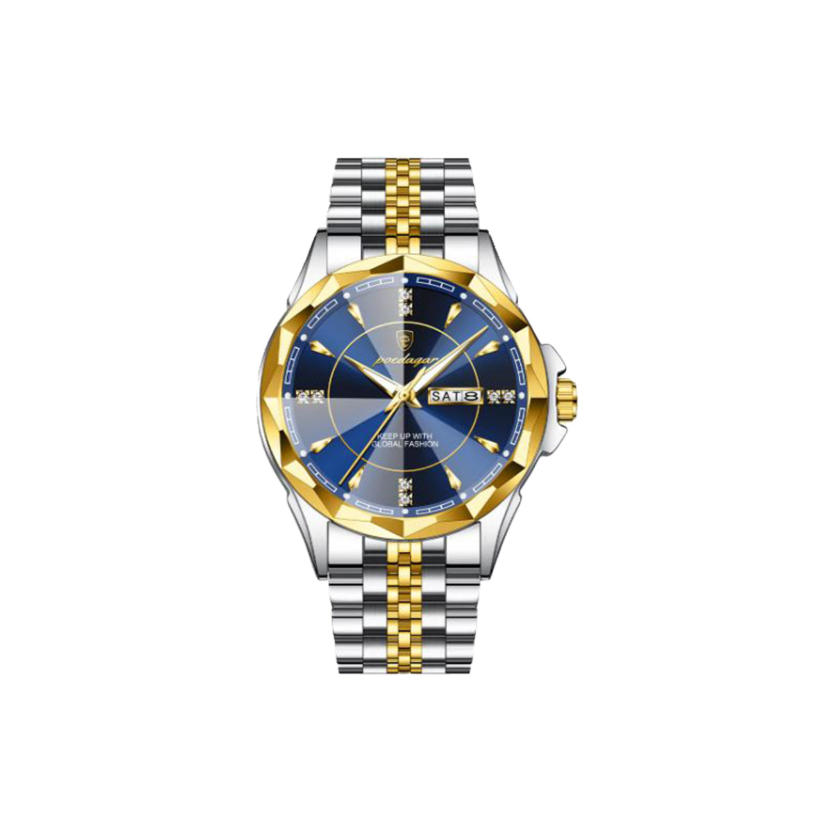 Luxury watch with blue face and gold and silver band on white background