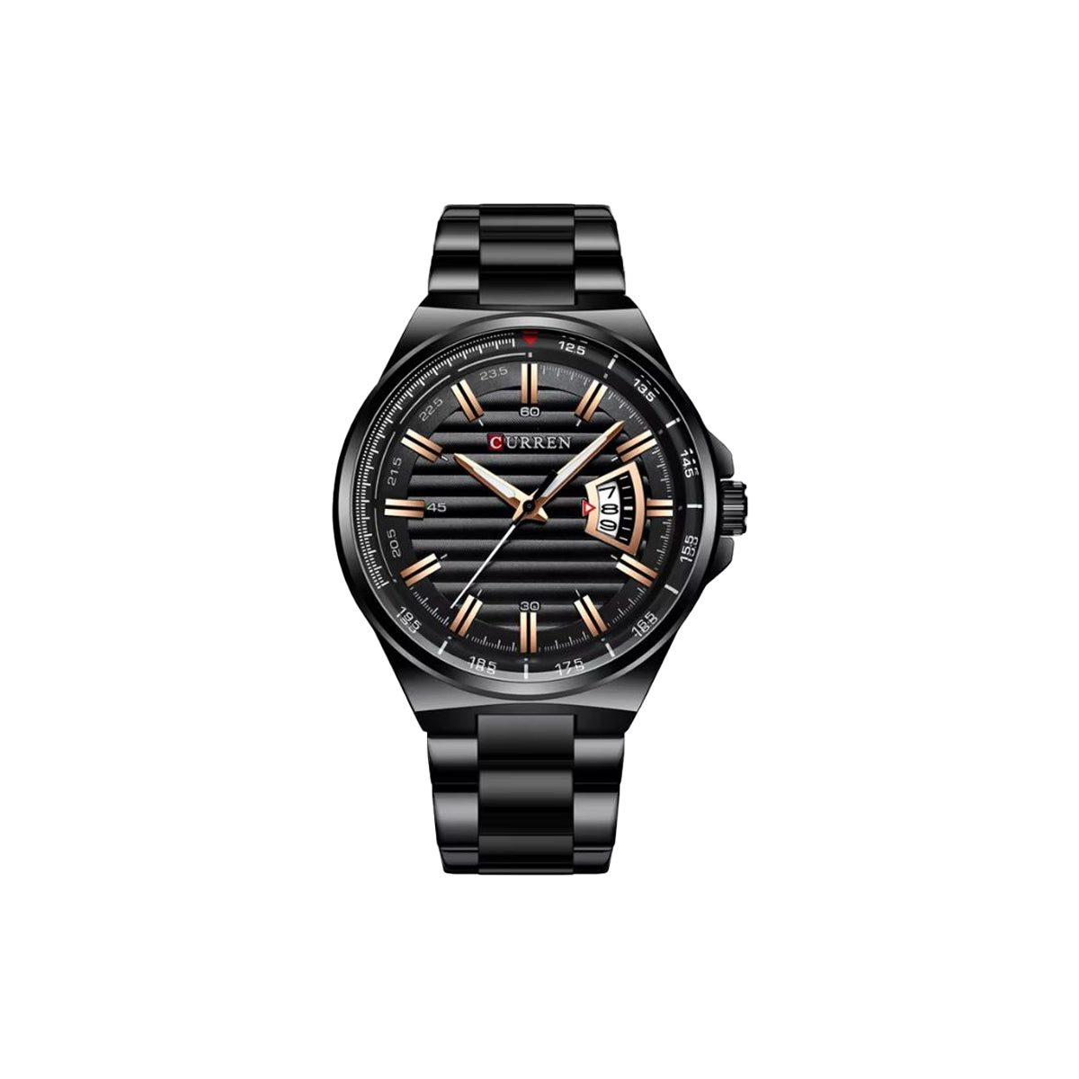 Black wristwatch with rose gold accents on a white background