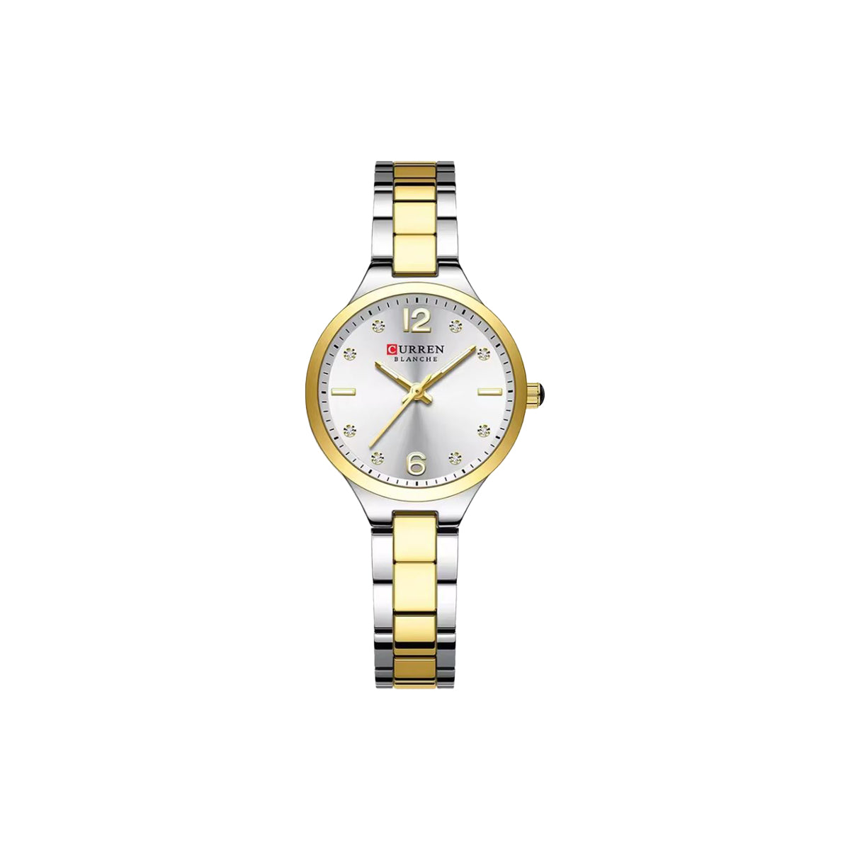 Two-tone watch with gold and silver band on a white background