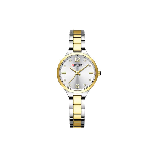 Two-tone watch with gold and silver band on a white background
