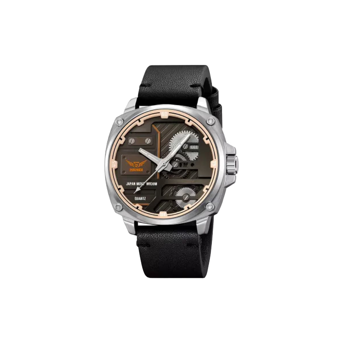 Watch with black leather strap and detailed face on a white background