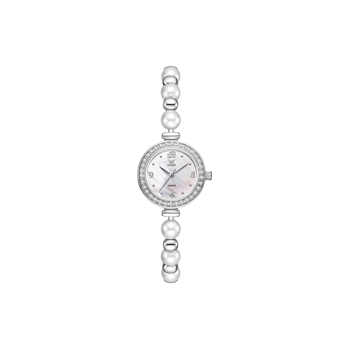 Silver watch with pearl-like beads on a white background