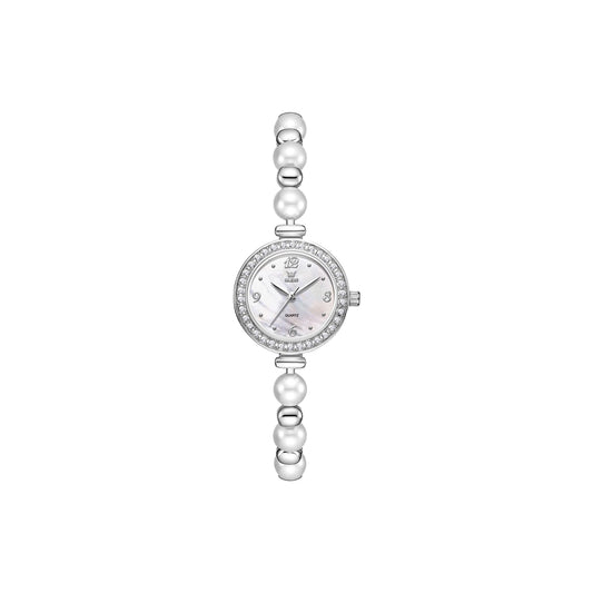 Silver watch with pearl-like beads on a white background