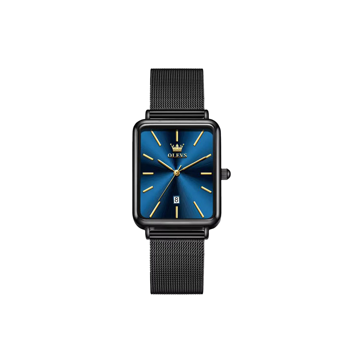 Black watch with blue dial on a white background