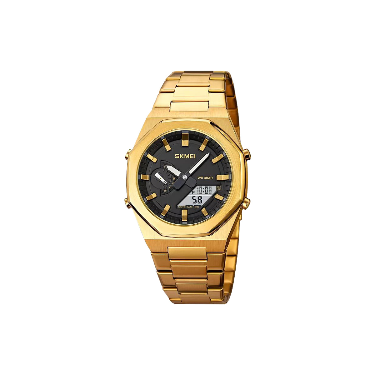 Gold wristwatch with black face on a white background