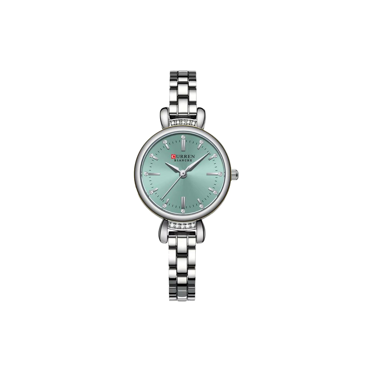 Silver watch with a greenish-blue face on a white background