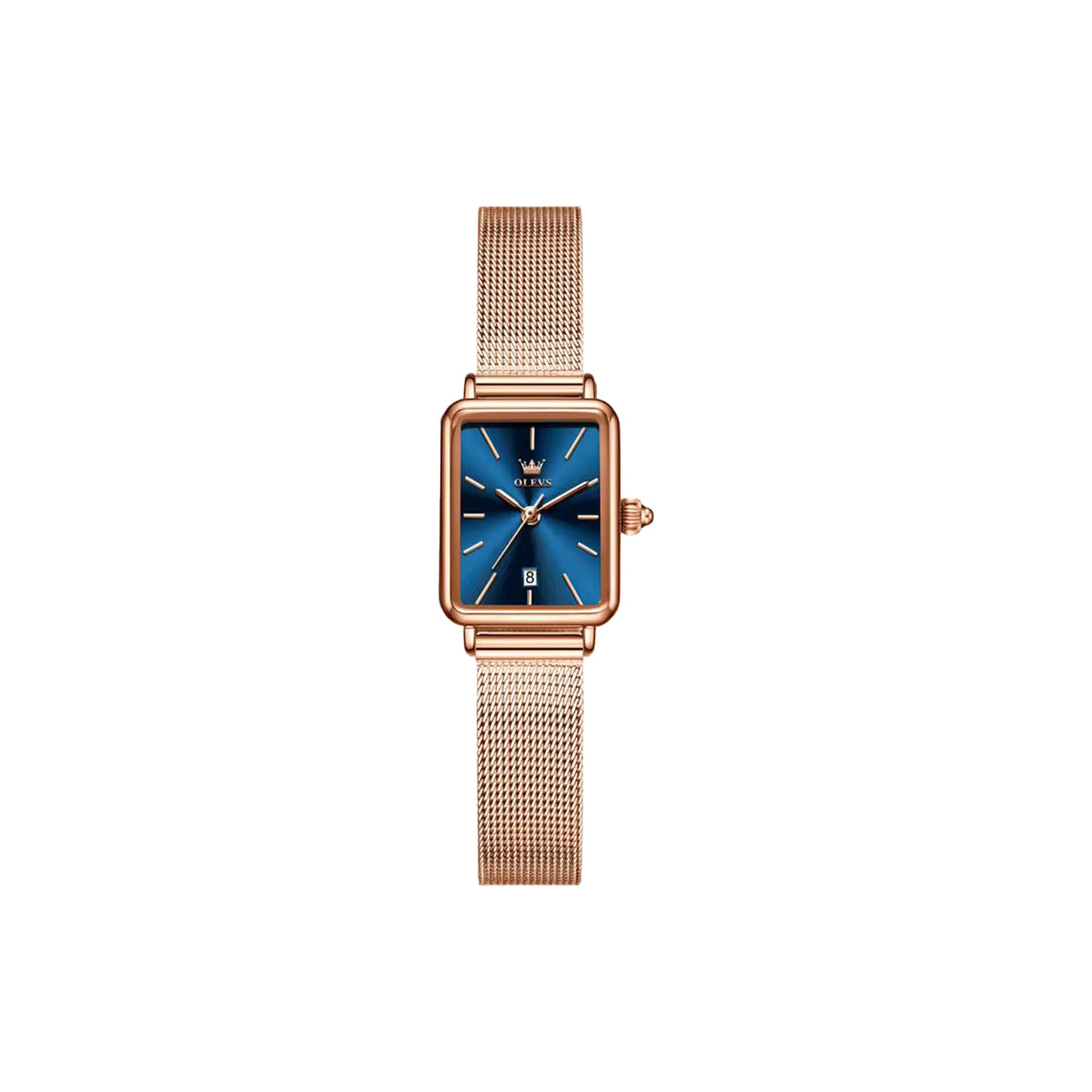 Rose gold watch with blue face on a white background