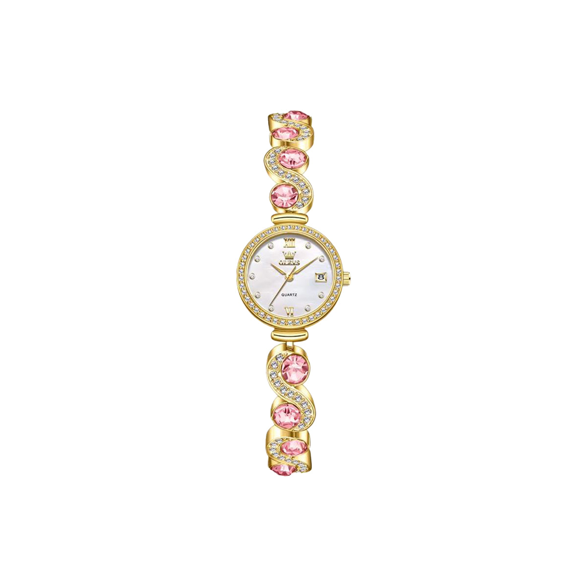 Gold watch with pink gemstones on a white background