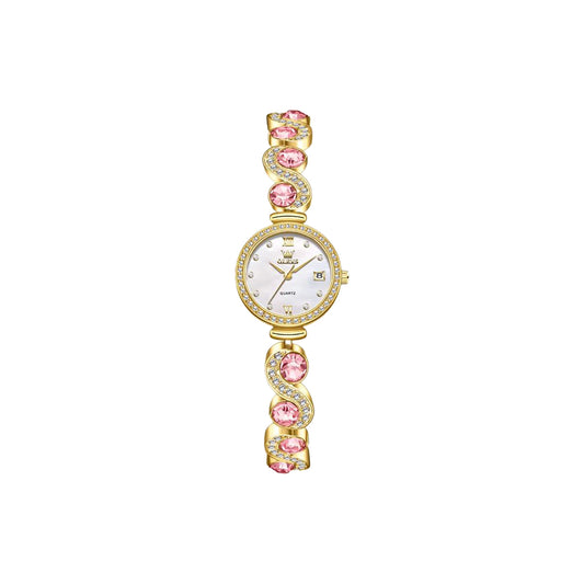 Gold watch with pink gemstones on a white background