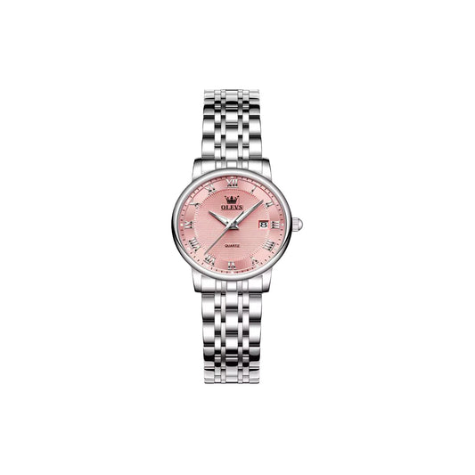 Silver watch with a pink face on a white background