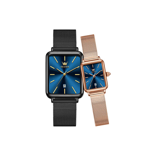 Two watches with blue faces and mesh bands on a white background