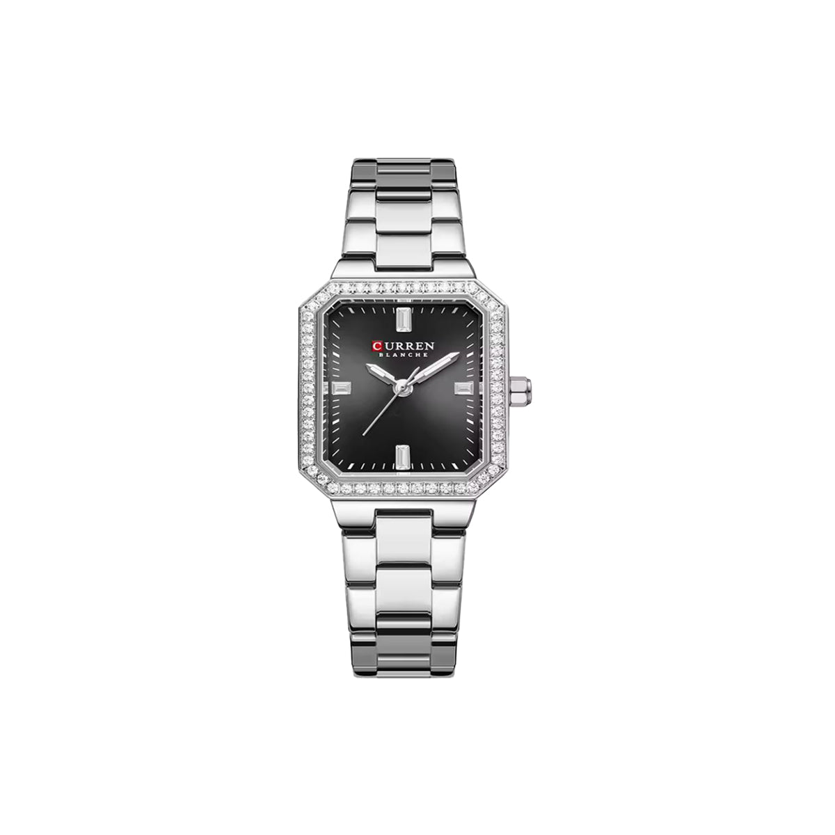 Silver watch with black face on a white background