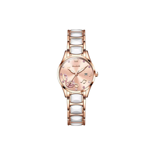 Rose gold and white ceramic watch on a white background