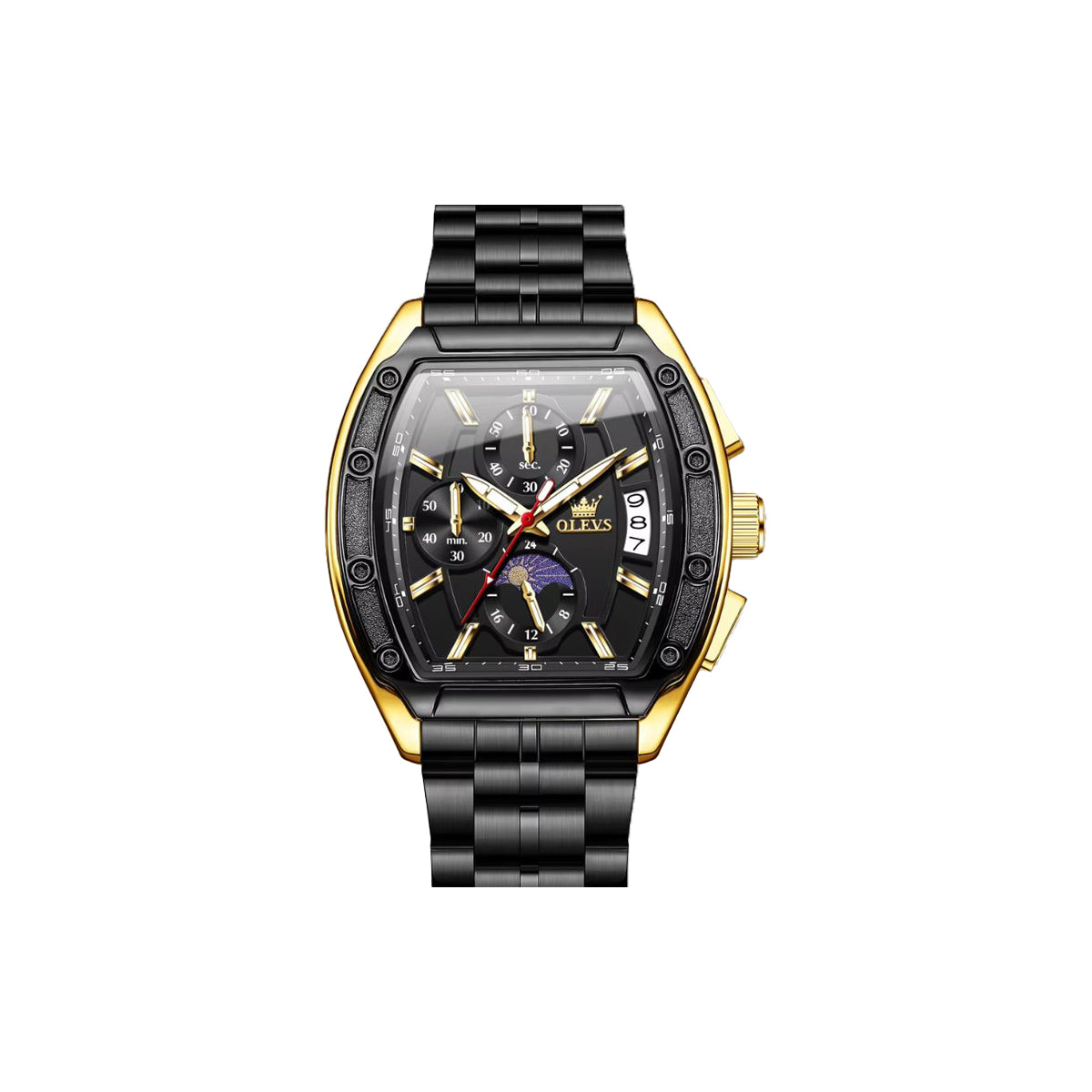 Luxury watch with black and gold design on a white background