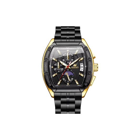 Luxury watch with black and gold design on a white background