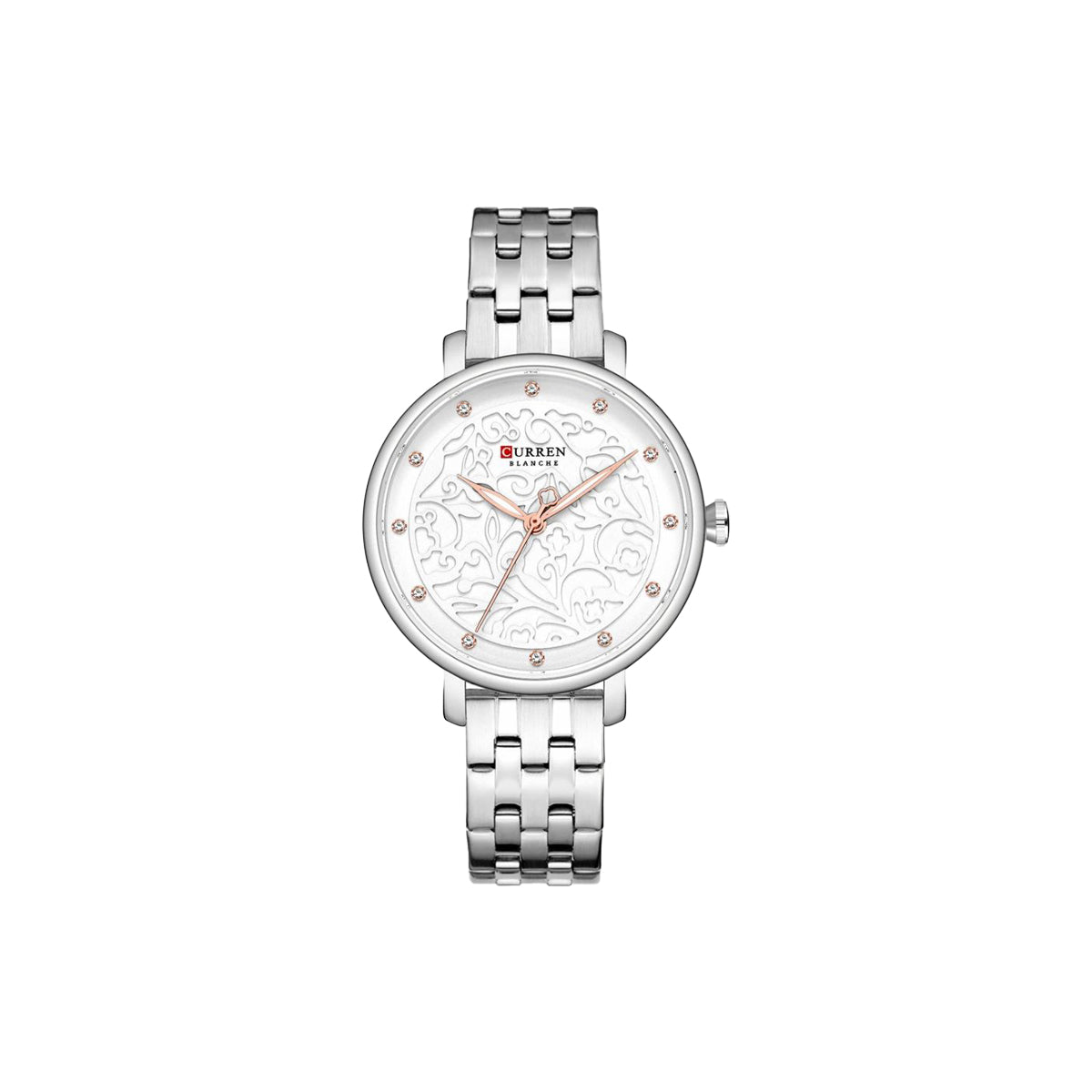 Silver watch with floral design on the dial against a white background