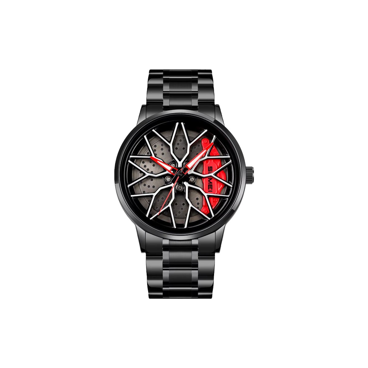 Black watch with a unique face design on a white background