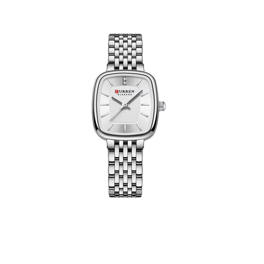 Silver watch with a square face on a white background