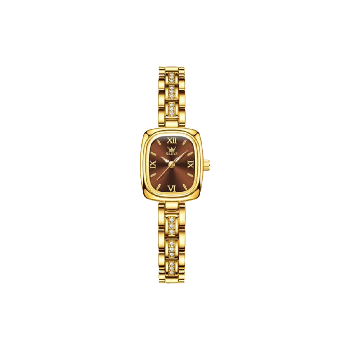 Gold wristwatch with a brown face on a white background