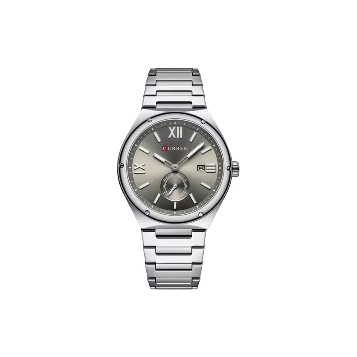 Silver wristwatch with a gray face on a white background