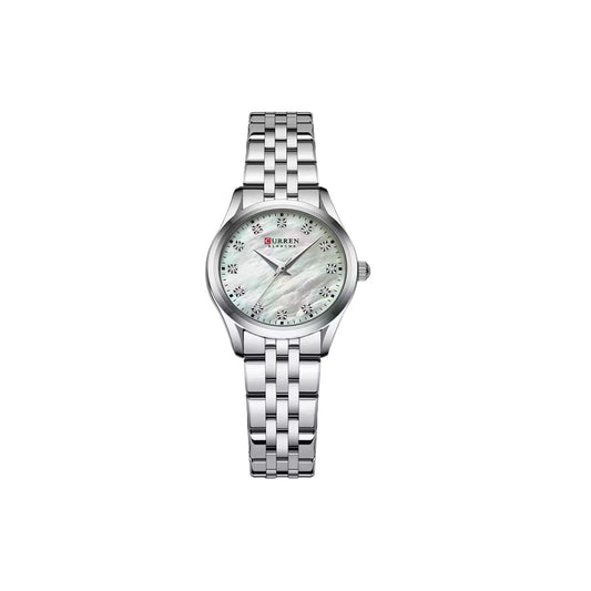 Silver watch with a white face on a white background