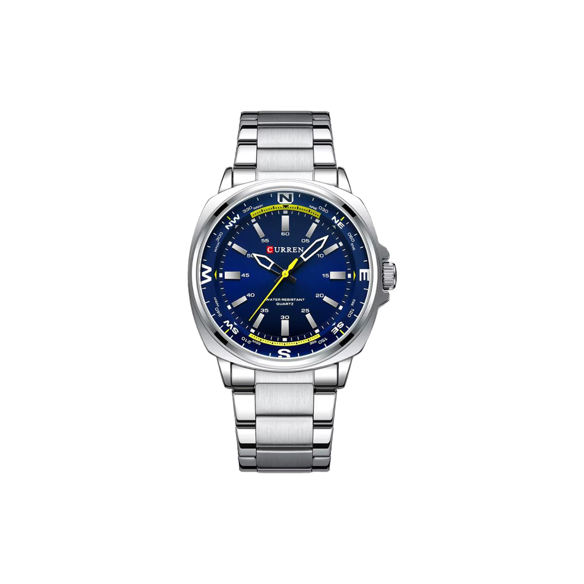 Silver watch with a blue face on a white background