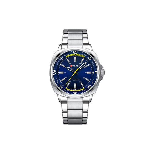 Silver watch with a blue face on a white background