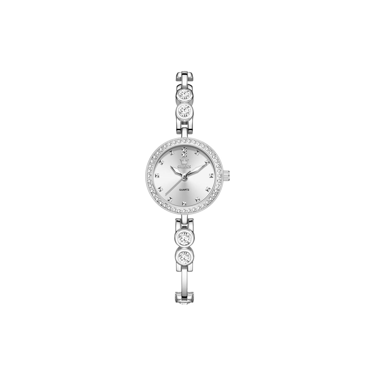 Silver watch with gemstone accents on a white background