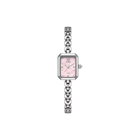 Wristwatch with pink face and silver metal strap on a white background