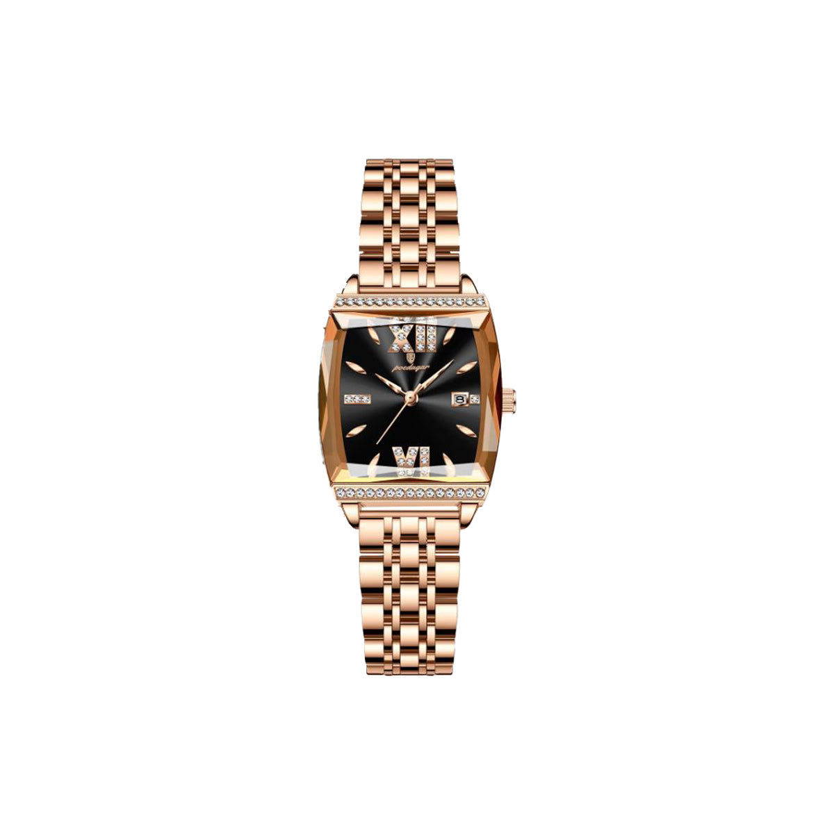 Rose gold watch with black dial on a white background