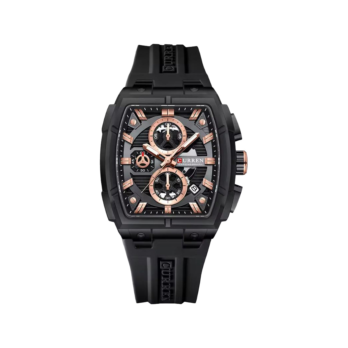 CURREN 8488 Men’s Quartz Watch Black Rose– Silicone Band Waterproof Luminous Calendar Wristwatch