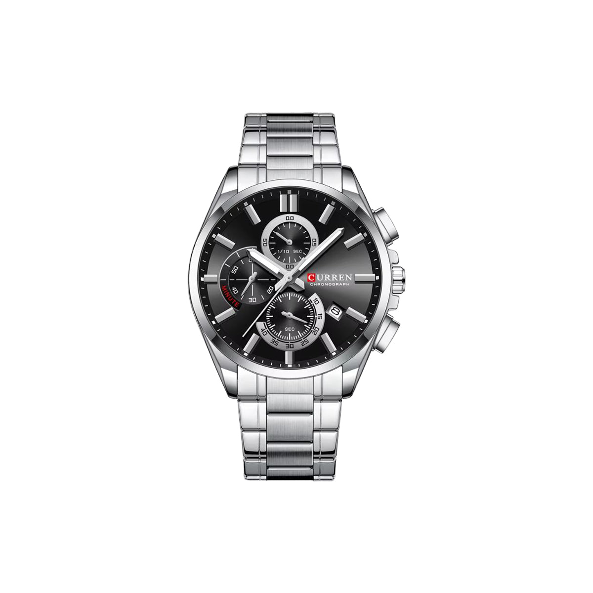 Silver watch with black dial on a white background