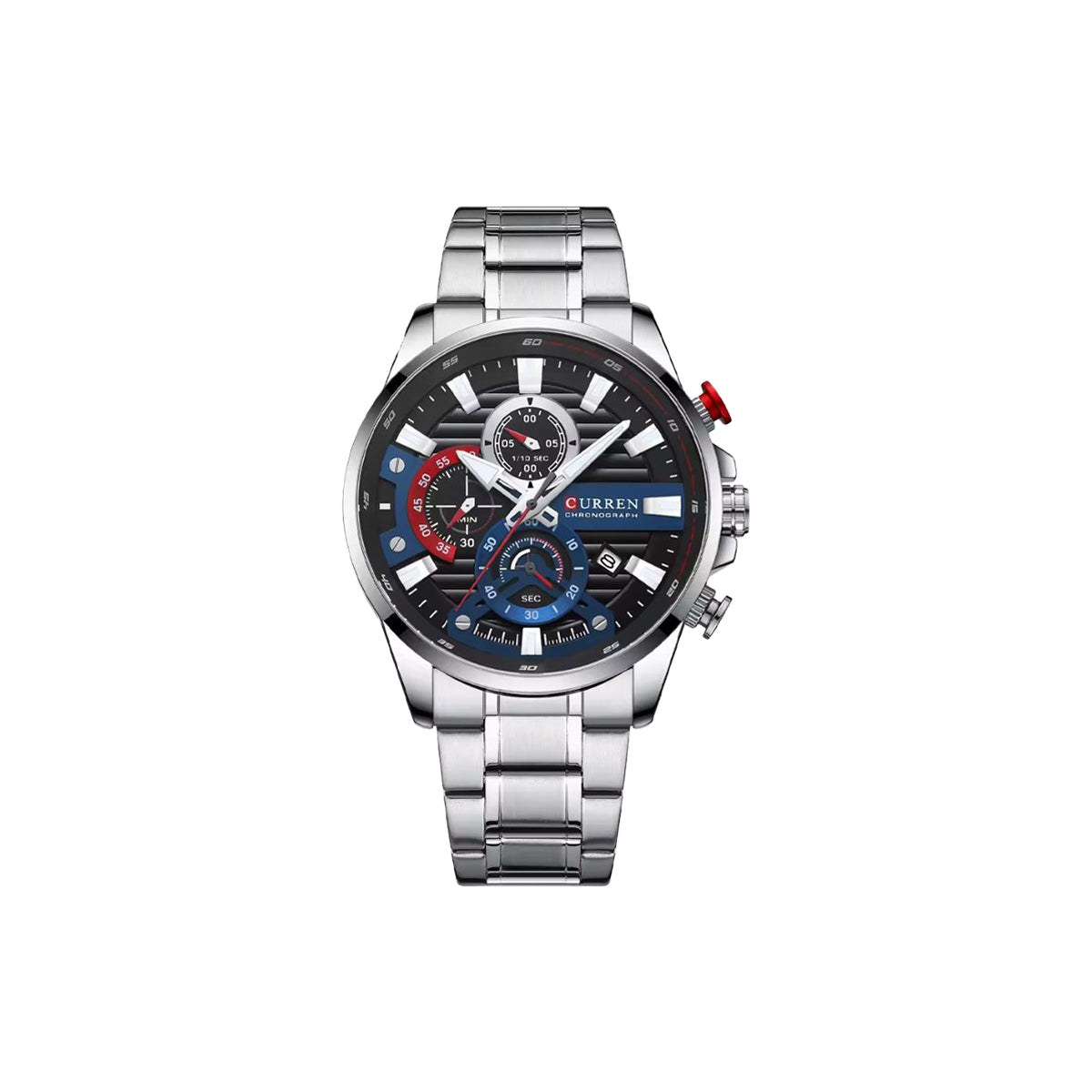 Silver wristwatch with a detailed face on a white background