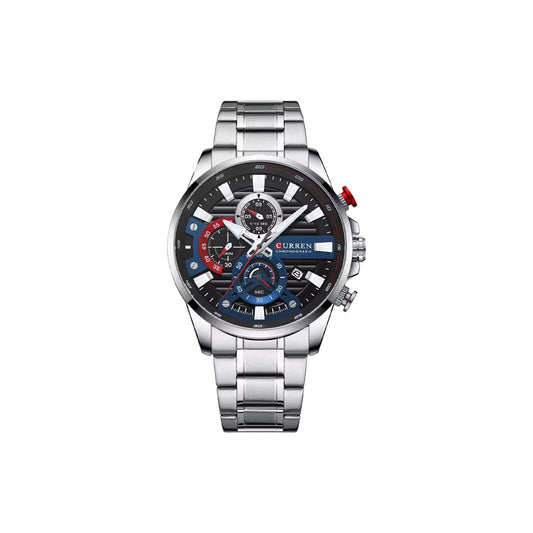 Silver wristwatch with a detailed face on a white background