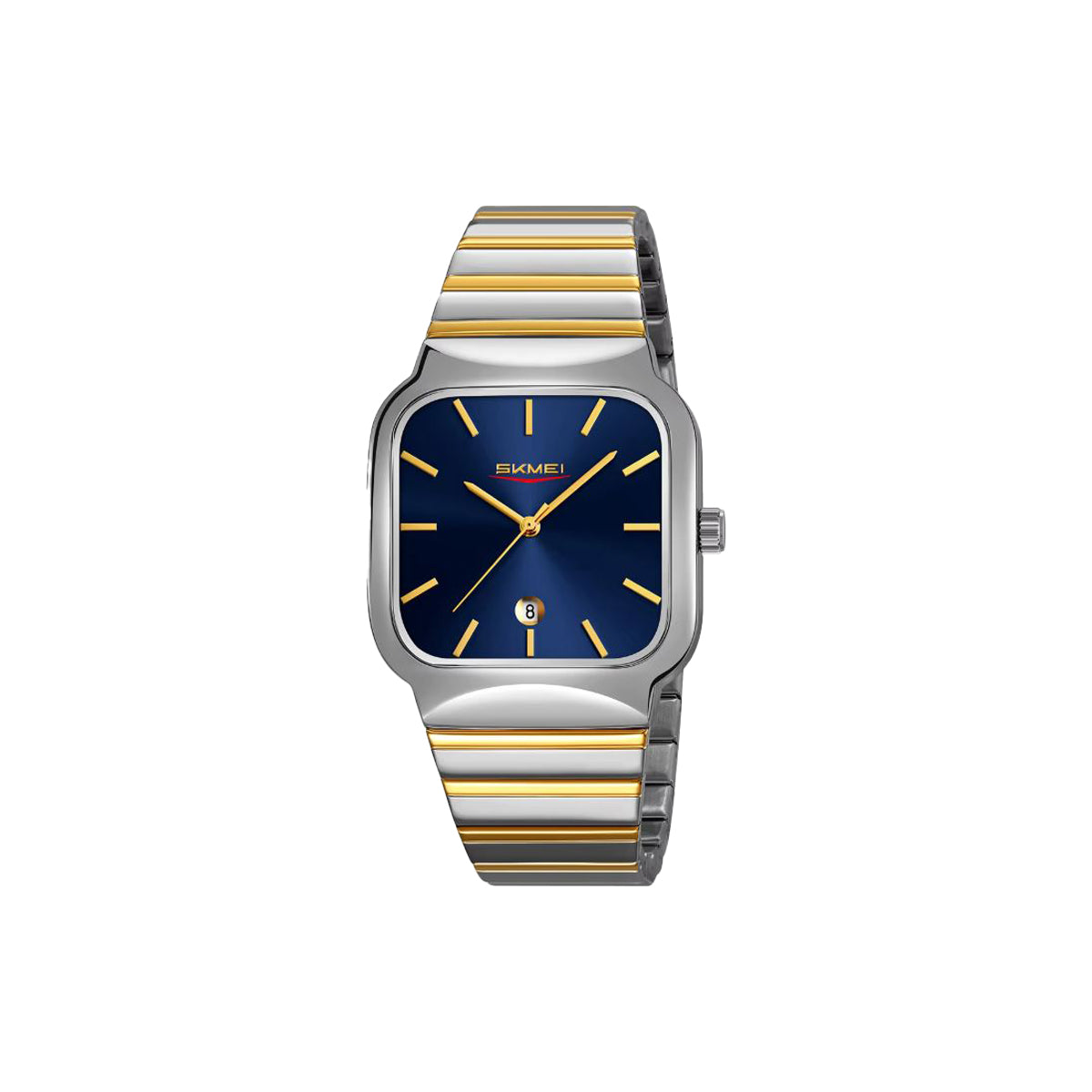 Wristwatch with silver and gold band on a white background