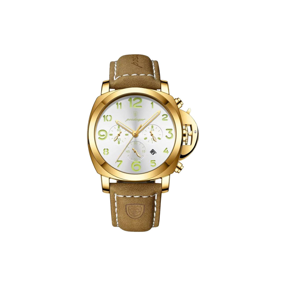 Gold watch with a brown leather strap on a white background