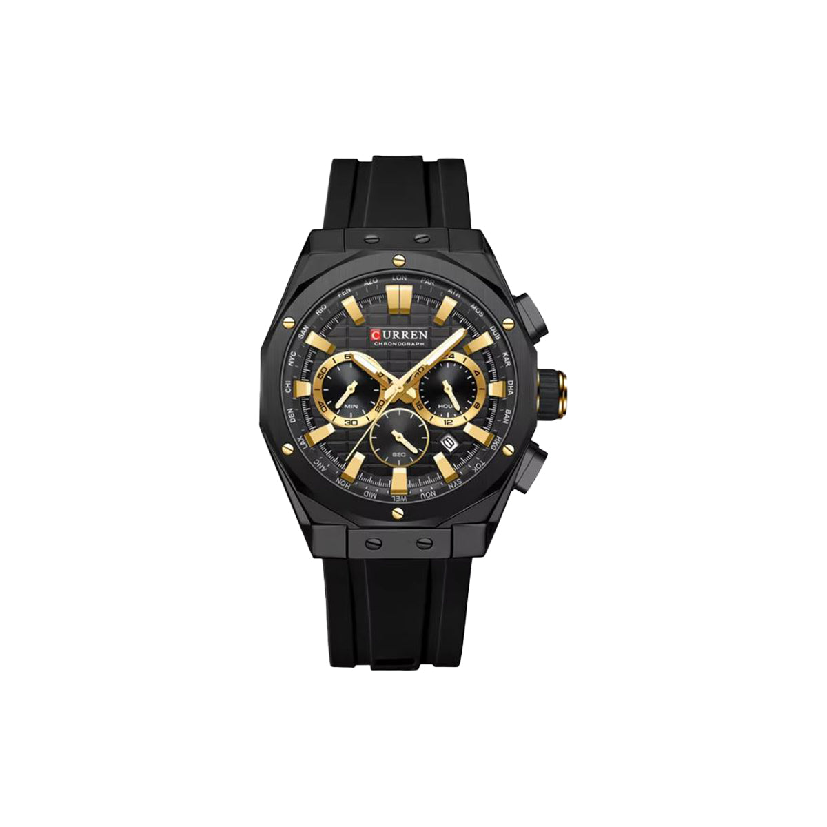 Black and gold watch with 'Curren' branding on a white background