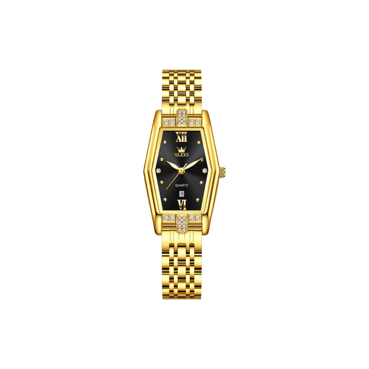 Gold wristwatch with a black face on a white background