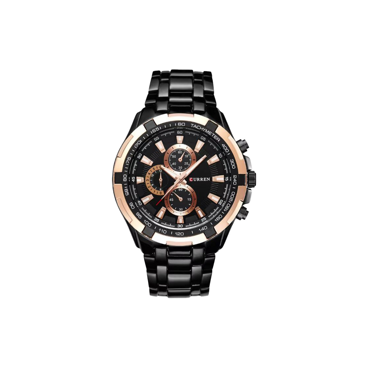Black and rose gold watch with detailed face on a white background
